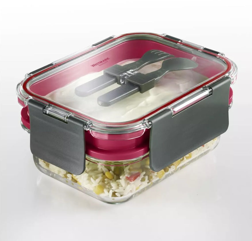 Cutie alimentara cu 2 compartimente si tacamuri, rosu/ gri, 1.7L