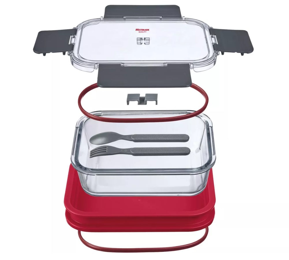 Cutie alimentara cu 2 compartimente si tacamuri, rosu/ gri, 1.7L